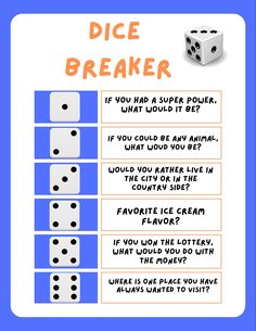 dice breaker poster with instructions on how to play it and what to use them