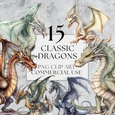 five different types of dragon with the title 15 classic dragon's png clip art commercial use