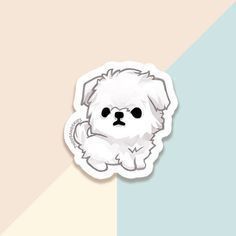 a sticker with a small white dog on it's face, sitting against a multi - colored background