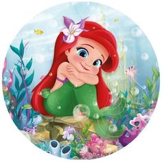 the little mermaid is sitting on top of an ocean floor with bubbles in her hair