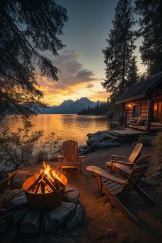 two adironda chairs sitting next to a fire pit in front of a lake