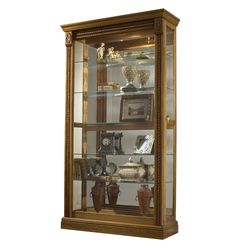 a wooden display case with glass doors and shelves