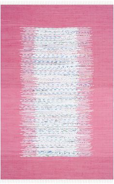 a pink rug with white and blue stripes on the bottom, in front of a red background