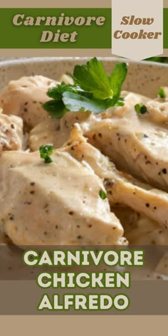 an advertisement for carnivore chicken alfredo on a plate