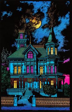 a large house that is lit up with the moon in the night sky behind it