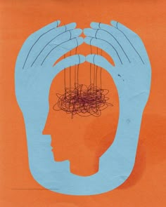 an orange and blue poster with the image of a person's head surrounded by wires