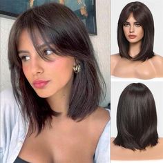 Dark Brown Wigs for Woemn Straight Wig with Curtain Bangs Shoulder Length Natural Synthetic Wig for Daily Use 2024 - $18.99 Shoulder Length Haircut For Thick Hair Straight, Short Hair Neck Length, Wig With Curtain Bangs, Preppy Hairstyles, Vacation Birthday, Affordable Wigs, Natural Wigs, Nape Of Neck, Wig Caps