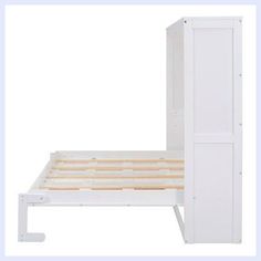 a white bed frame with wooden slats