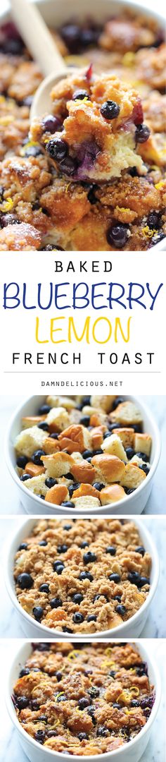 baked blueberry lemon french toast with fresh fruit in the middle and on top, is shown