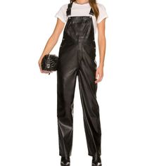 We Wore What Basic Overall Vegan Leather Nwt Size Xs Black 28.5” Inseam Adjustable Straps Side Buttons 50% Polyester 50% Polyurethane Leather Overalls, Corset Leggings, We Wore What, Paisley Pants, Black Overalls, Flare Jumpsuit, Faux Leather Fabric, Blue Leggings, Overalls Women