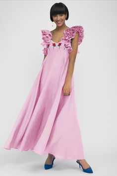 Snow White, Empire Waist Maxi, Empire Waist Maxi Dress, Embroidered Rose, Rose Embroidery, Linen Maxi Dress, Empire Waist, Maxi Dress, V Neck