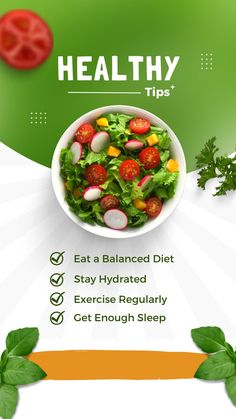 Eat a Balanced Diet: A balanced diet is one that includes a variety of nutrient-dense foods, such as whole grains, fruits, vegetables, lean protein, and healthy fats. Try to limit your intake of processed and high-calorie foods and focus on whole, minimally processed foods.  Stay Hydrated: Water is essential for many bodily functions, such as regulating body temperature, aiding digestion, and transporting nutrients. Aim to drink at least 8-10 glasses of water per day, and more if you are physically active or in a hot climate.  Exercise Regularly: Regular exercise has many benefits for physical and mental health, including reducing the risk of chronic diseases, improving mood, and promoting healthy weight. Aim for at least 30 minutes of moderate-intensity exercise most days of the week. Fat Burning Foods Belly, High Calorie Meals, Unprocessed Food, Mindful Eating, Fat Burning Foods, Balanced Diet, Low Carb Diet, Nutritious Meals, Healthy Tips