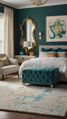 #Home Bedroom Refresh #Indoor Ideas #Home Decor #Relaxin Bedroom Idea #Bedroom Design #Elegant Bedroom Art Deco Small Bedroom, Vintage Teal Bedroom, Gem Tone Bedroom, Colorful Bedroom Inspirations, Bedroom With Teal Accents, Light Cozy Bedroom, Light Teal Bedroom Ideas, Teal Bedroom Color Schemes, Teal Bedroom Decor Ideas