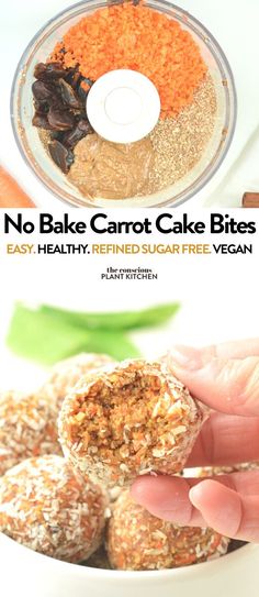 no bake carrot cake bites in a white bowl with text overlay that says no bake carrot cake bites easy, healthy, friendly, and sugar free vegan