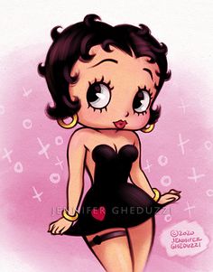 a drawing of a woman in a black dress with hearts on it's chest