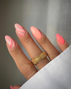 Four Color Nail Design, Powder Dip Nails Almond Shape, Coral Color Nails Summer, Fun Summer Nails Design 2023, Structured Nail Manicure, Almond Shape Gel Nail Designs, Summer Acyrilics Nails, Cute Nails For Hawaii, Gel Nails Bright Colors