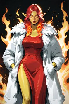 a woman in a red dress and white fur coat standing next to a fire background