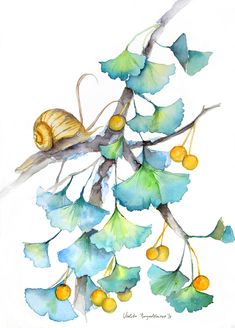 a watercolor painting of a snail on a tree branch with leaves and yellow berries