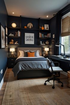 a bedroom with a bed, desk and shelves on the wall above it is lit by two lamps