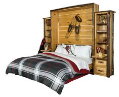 a bed with a wooden headboard and foot board on it's side, in front of a white background