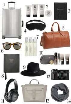 the ultimate travel essentials for men and women, including luggage, sunglasses, headphones, toiletries, eyeglasses