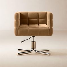 an office chair with chrome legs and a brown upholstered cushion on the back