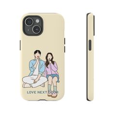 a phone case with an image of two people sitting on top of each other and the text love next door