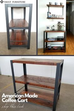 an american made coffee cart is shown in two different photos, one with shelves and the other without