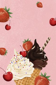 an ice cream sundae with strawberries and cherries flying around on a pink background