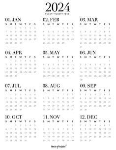 a calendar with the dates for each month in black and white, on a white background