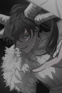 an anime character with long black hair and blue eyes, wearing white feathers on his head