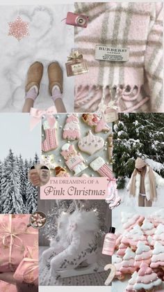 pink christmas collage with snow and trees