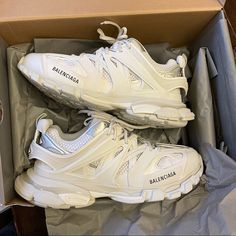 Size 44 White/White Track Sneakers *Last Buyer Never Paid So Item Was Not Sold Luxury Black Sneakers With Ventilation, Designer White Sneakers With Laces, Designer Sneakers With Cushioned Footbed For Streetwear, Luxury White Sneakers With Cushioned Footbed, Balenciaga Track Sneakers, Track Sneakers, White Balenciaga, New Jordans Shoes, Balenciaga Sneakers