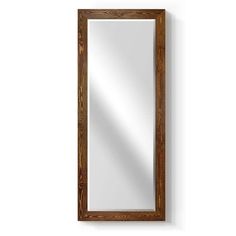 a wooden mirror hanging on the wall next to a white wall with a brown frame