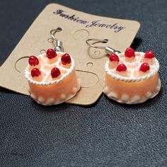 Yummy Looking Peach Colored Dangling Cake Earrings Topped With Red Cherries. Dessert Clay Earrings, Wedding Cake Art, Cake Earrings, Sugar Skull Earrings, Minnie Mouse Earrings, Crystal Pearl Earrings, Earrings Ideas, Rose Gold Earrings Studs, Turquoise Stud Earrings