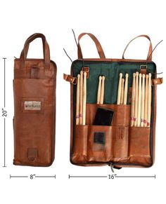 an image of a leather bag with cues in it