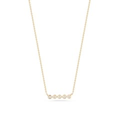 This petite diamond bar necklace is the perfect everyday staple. Simple and classic on its own, it is also a great layering necklace. This dainty 14 karat gold and diamond bar necklace features white round diamonds bezel set in a row. The bezel settings wrap around each diamond providing not only a modern look but also a protective setting. This piece is a contemporary twist on the classic diamond bar necklace. The adjustable chain means this beauty will look perfect with any neckline and makes Bar Necklaces, Dana Rebecca Designs, Diamond Bar Necklace, Diamond Bar, Layering Necklace, Eternity Band Diamond, Diamond Eternity, Bezel Diamond, Diamond Pendant Necklace