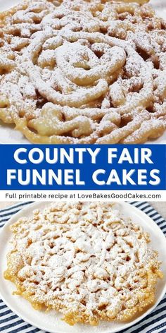 two different types of funnel cakes with the words country fair funnel cakes on top and below