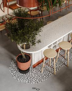 a table with four stools and a potted plant