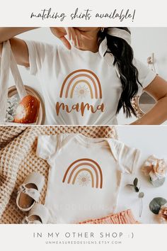 a woman wearing a t - shirt that says mama in my other shop, and an image of a donut