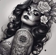 a woman with tattoos and roses on her head is shown in black and white colors