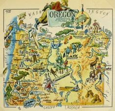 the oregon state map is shown in this hand - colored illustration from an old book