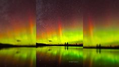 two pictures of the aurora over water with trees in the background and stars in the sky