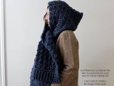 a woman wearing a blue knitted scarf with a hood on her head and the words patterning lies both re - tangleweap and how they designs