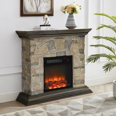 an electric fireplace in a living room with a potted plant on the side and a painting above it