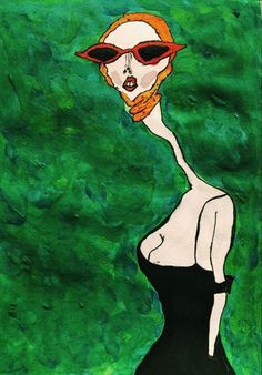 a painting of a woman in a black dress with sunglasses on her head and an orange scarf around her neck