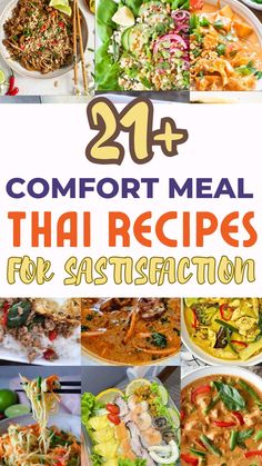 the cover of comfort meal thai recipes for satisfaction, with pictures of different dishes and vegetables