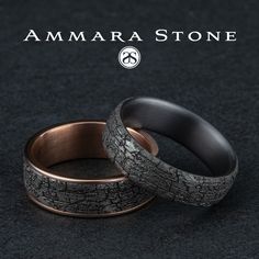 two wedding bands made out of wood and black stone with the words amara stone on it