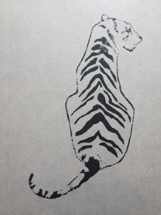 a black and white drawing of a tiger sitting on its hind legs, with the tail turned to the side