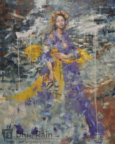 an oil painting of a woman in purple and yellow dress with her arms around her body